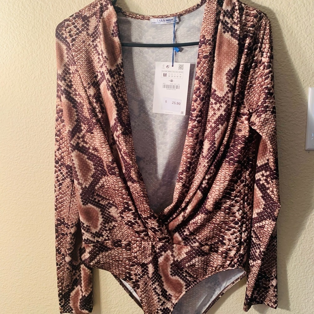 Zara Snake Print Long Sleeve Bodysuit in Brown and Tan